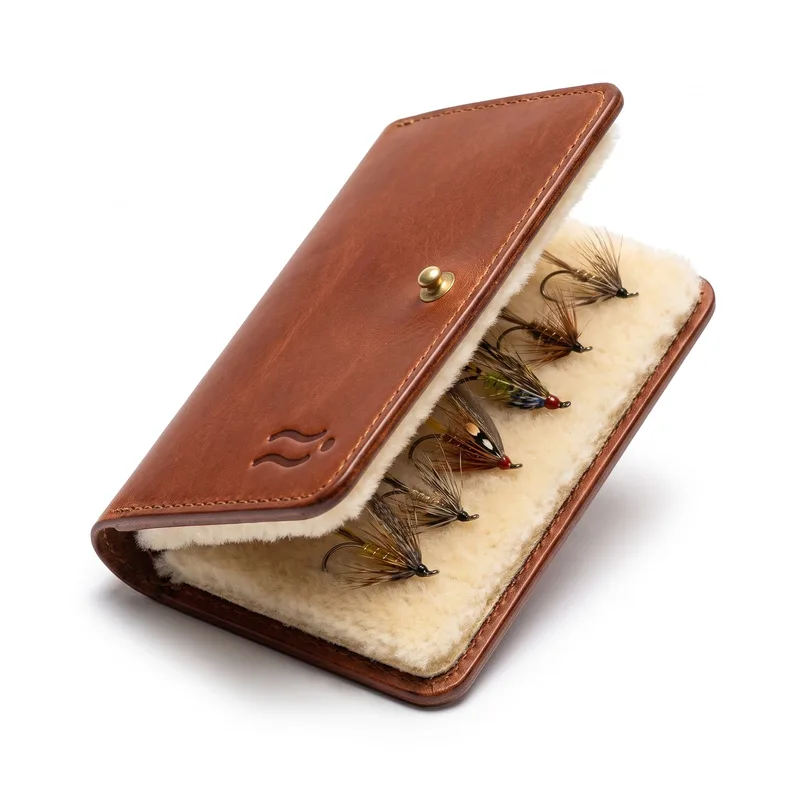 Driftline leather fly wallet, open, sheepskin leaves